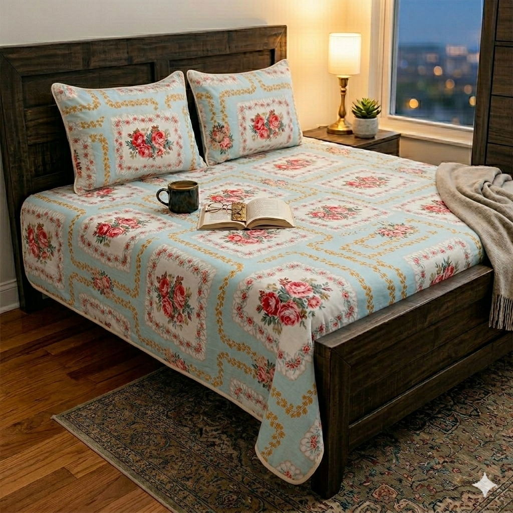 500Count Celestial Blue 100% Pure Cotton King Size Bed Sheet (100×108 Inches) with 2 Pillow Covers