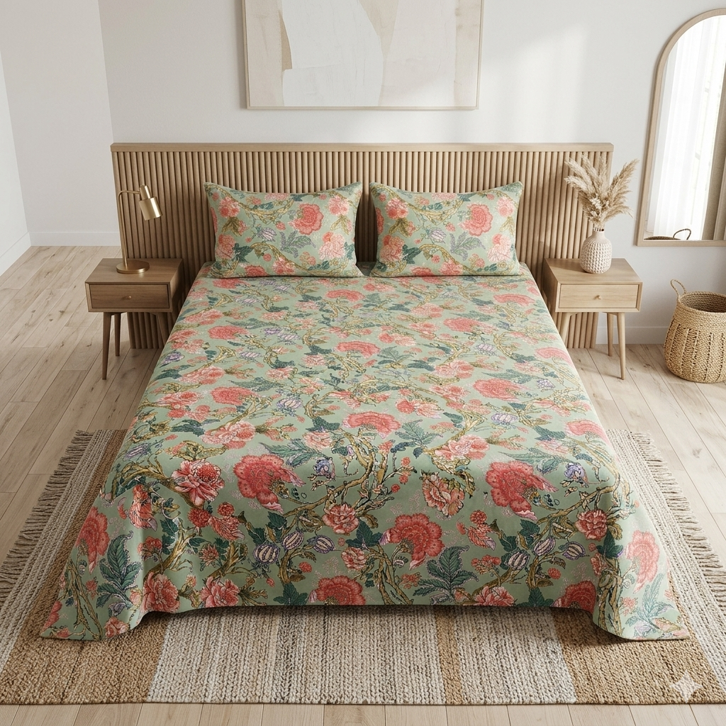 500Count Elysian Garden 100% Pure Cotton King Size Bed Sheet (100×108 Inches) with 2 Pillow Covers