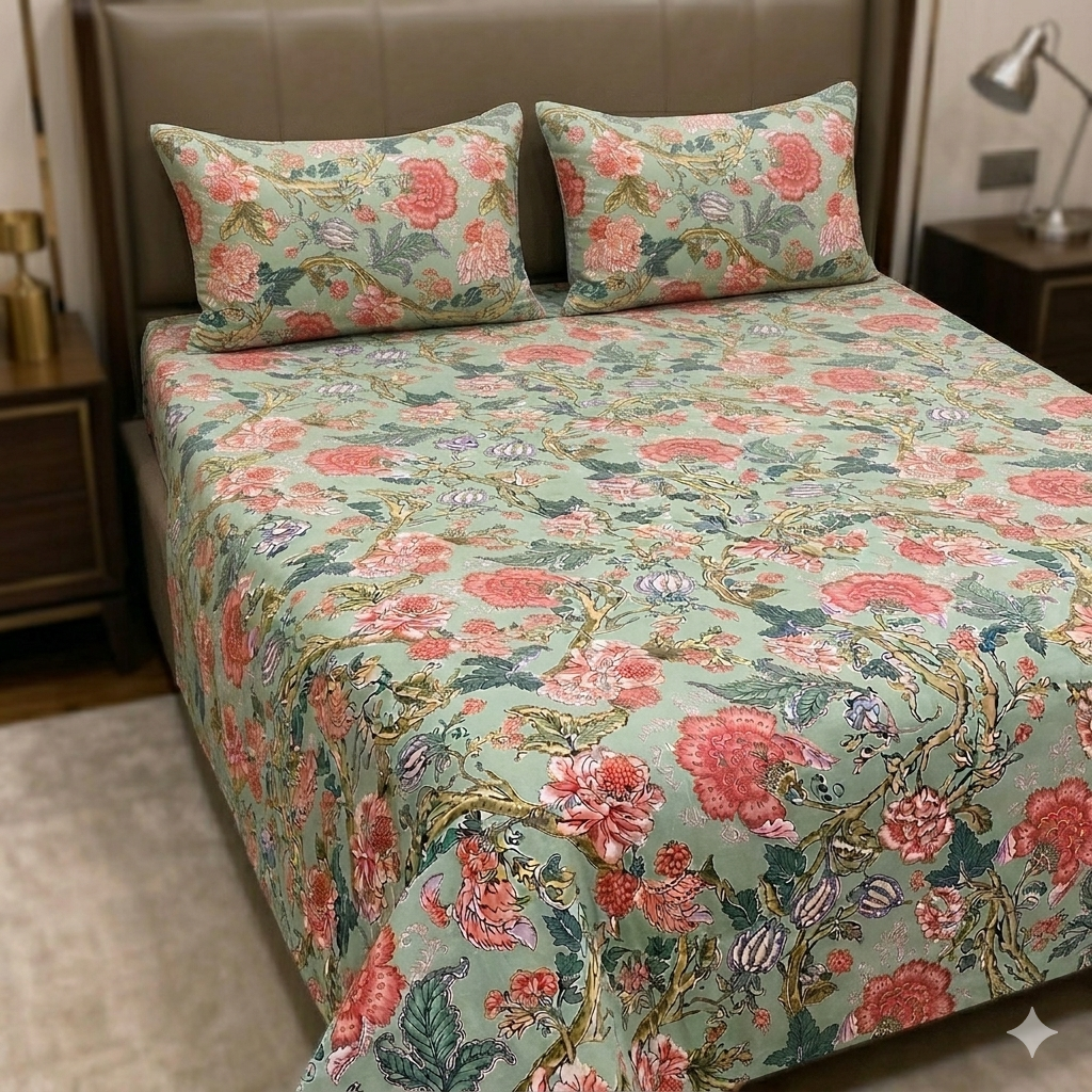500Count Elysian Garden 100% Pure Cotton King Size Bed Sheet (100×108 Inches) with 2 Pillow Covers 3