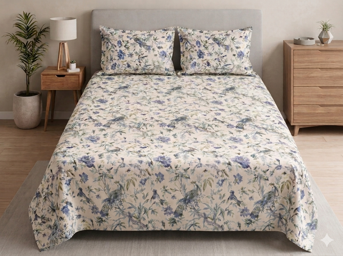 500Count Midnight Meadow 100% Pure Cotton King Size Bed Sheet (100×108 Inches) with 2 Pillow Covers