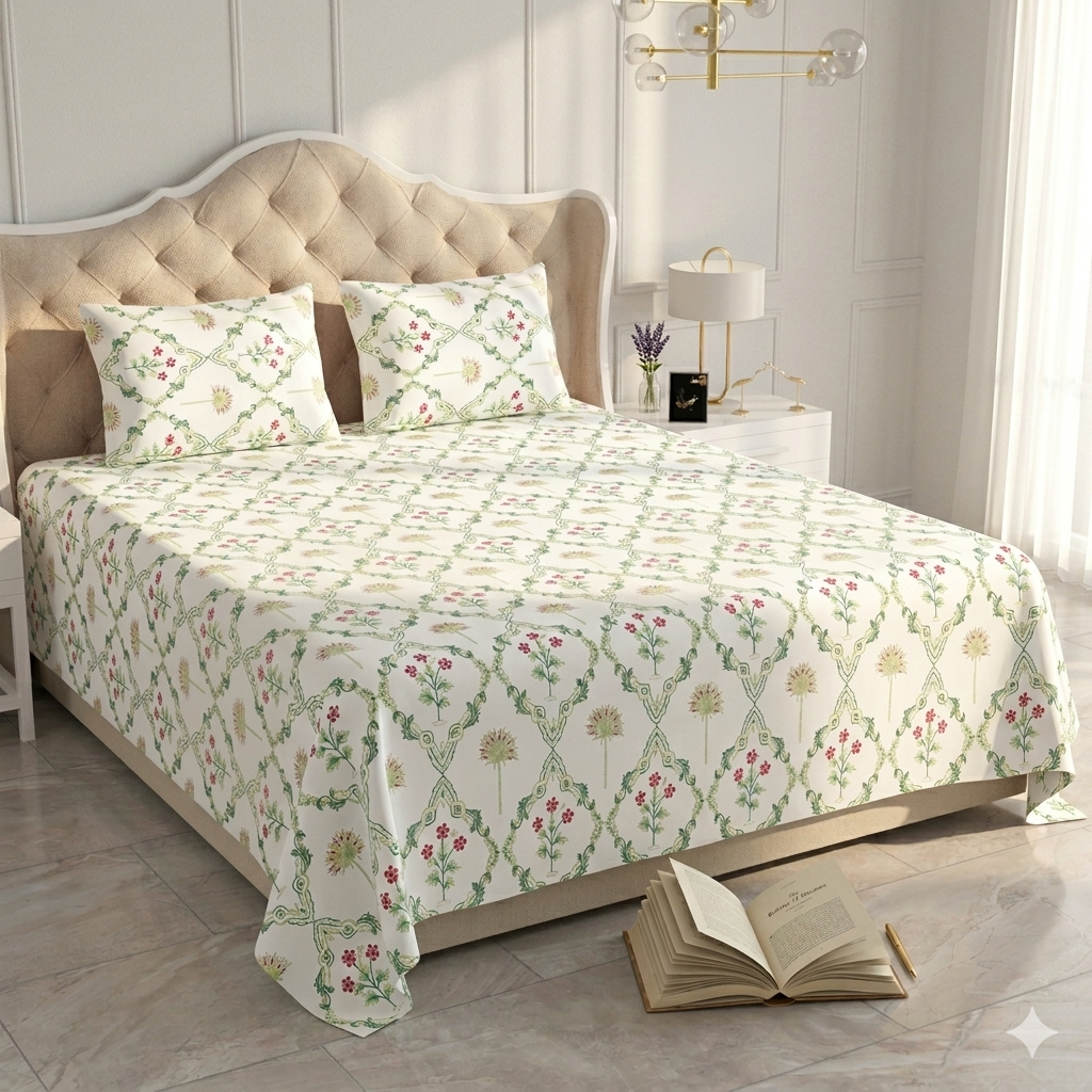 500Count Sage Petals 100% Pure Cotton King Size Bed Sheet (100×108 Inches) with 2 Pillow Covers