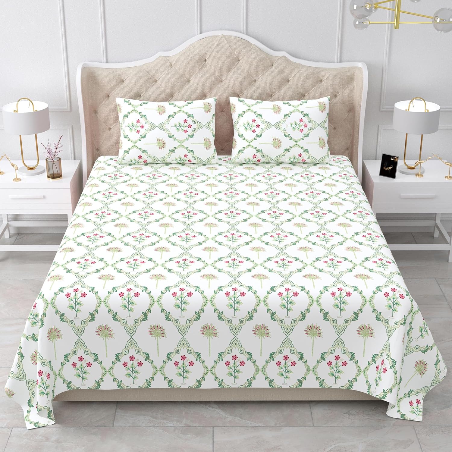 500Count Sage Petals 100% Pure Cotton King Size Bed Sheet (100×108 Inches) with 2 Pillow Covers alternate