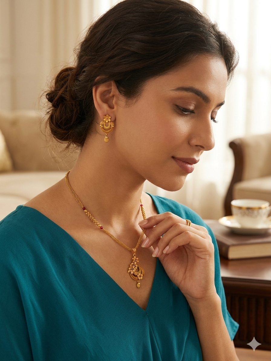 500Count Gold Plated Antique Pendant Necklace Set with 2 Earrings 4