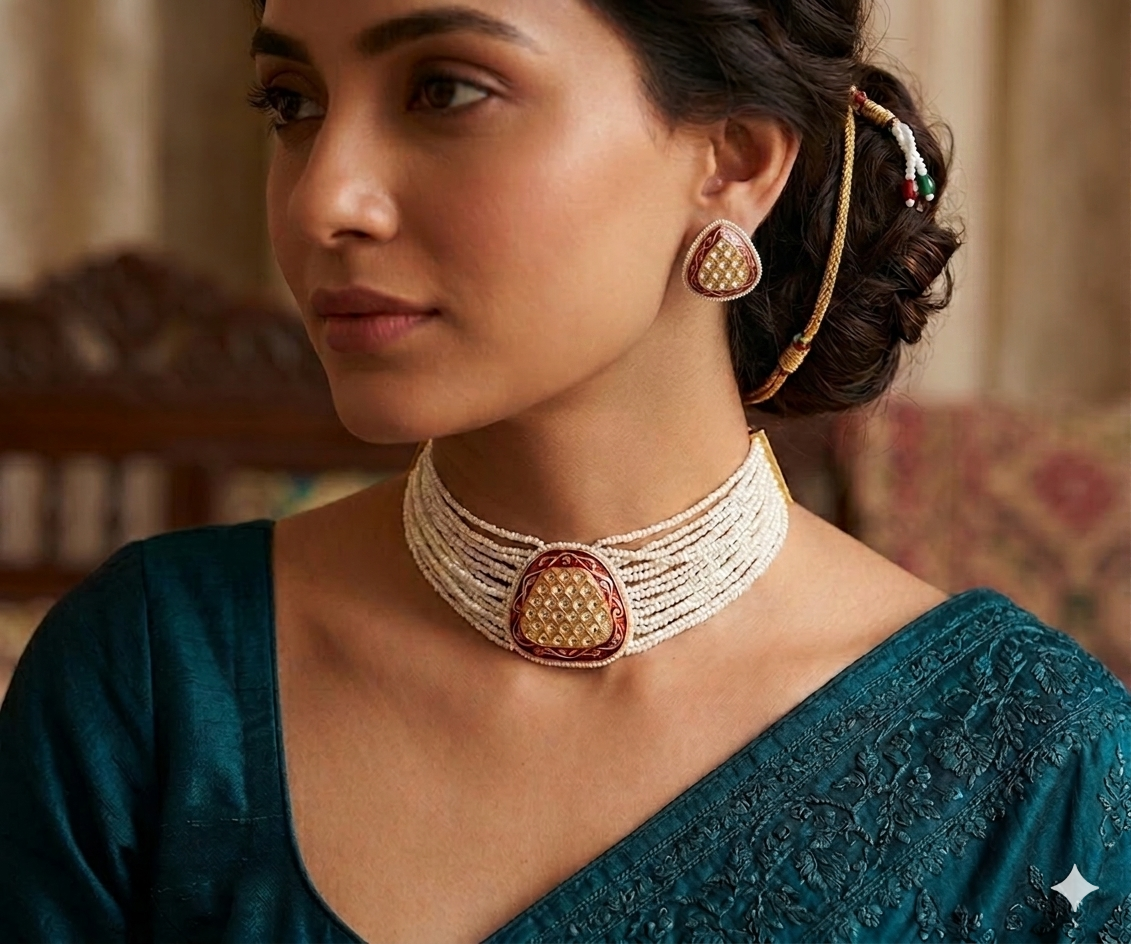500Count Stone Studded and Beaded Choker Necklace Set with 2 Earrings 4