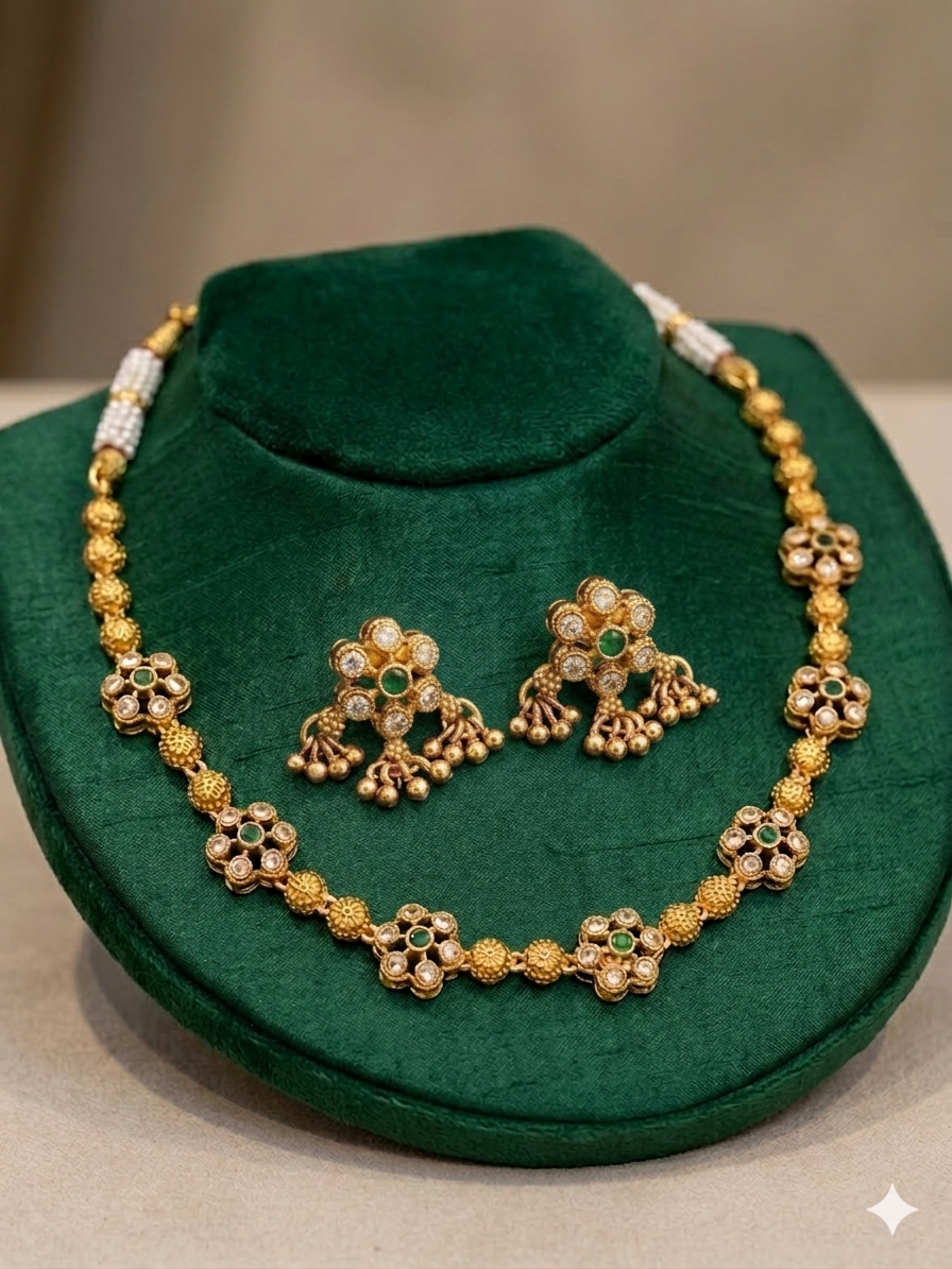 500Count Traditional Golden Beaded Necklace Set with 2 Earrings