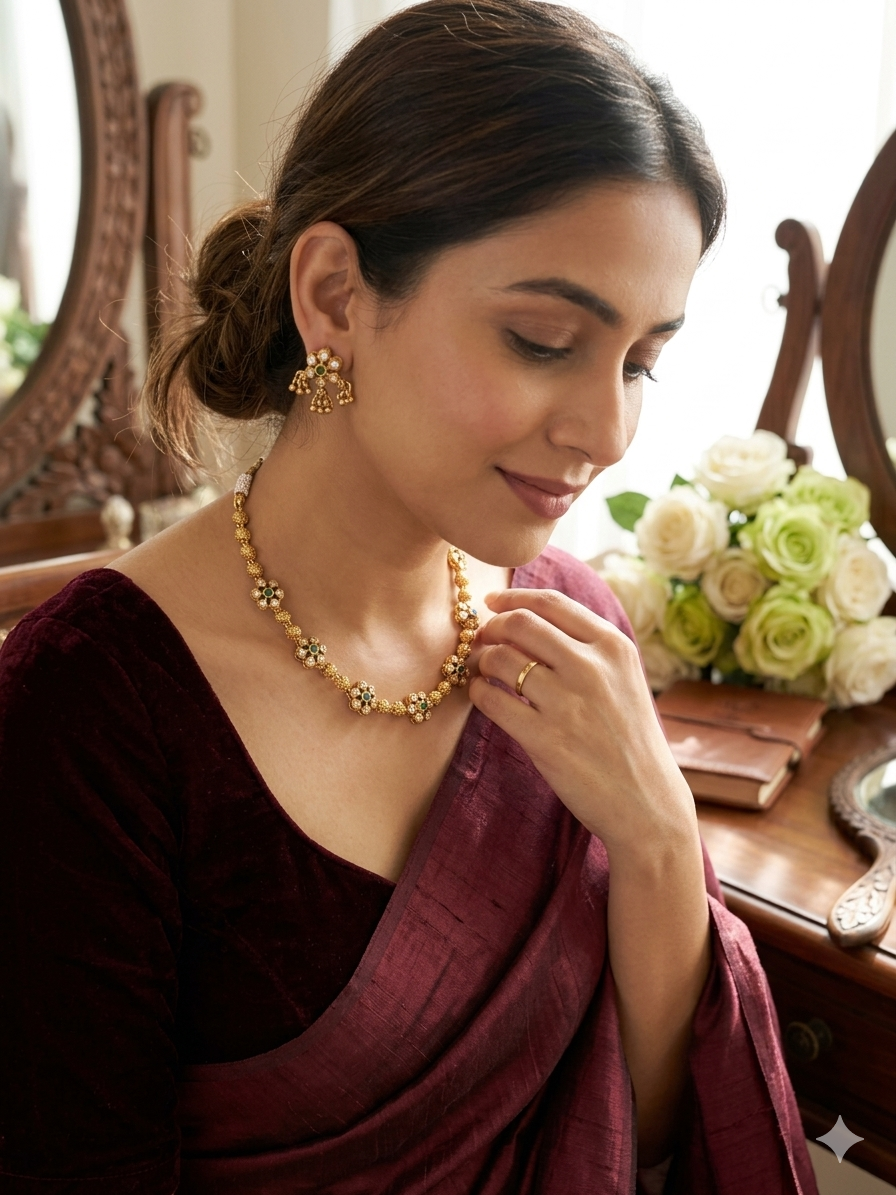 500Count Traditional Golden Beaded Necklace Set with 2 Earrings 4