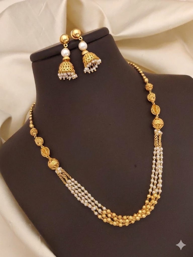 500Count Palace Affairs 22k Gold Plated Long Necklace Set with Layered White Beads and 2 Earrings
